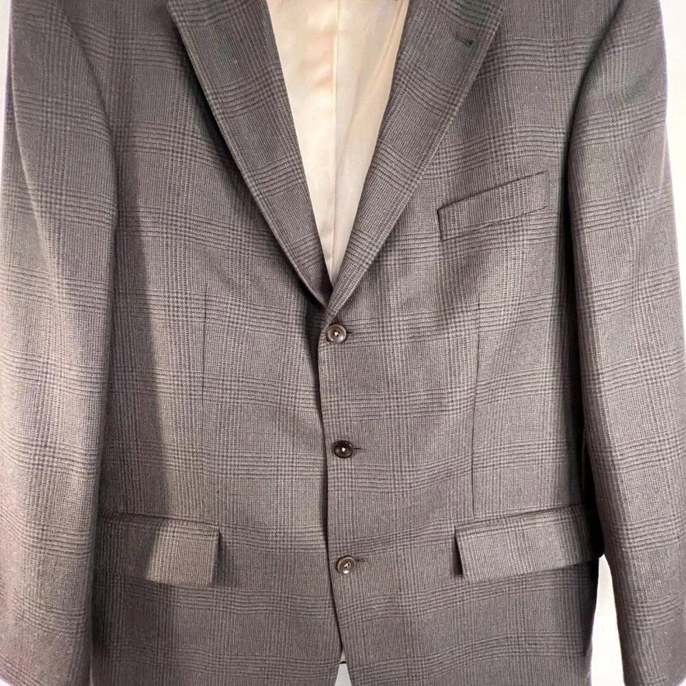 Nautica Mens Gray Tweed Plaid Wool Cashmere Blazer Jacket 46L Superior Tailoring